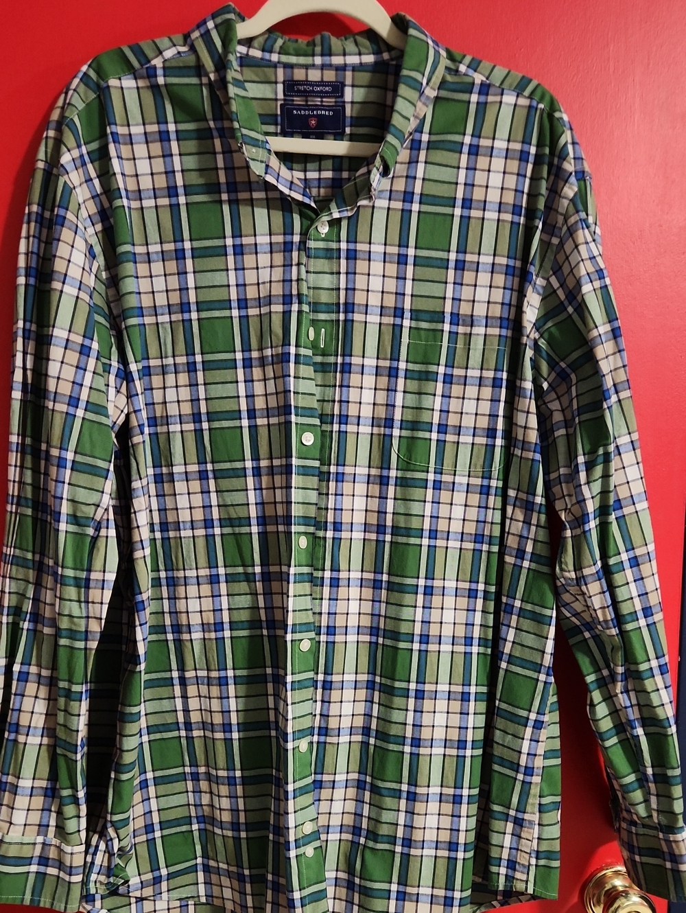 XXL Saddlebred Green White & Blue Plaid Button-Down Shirt